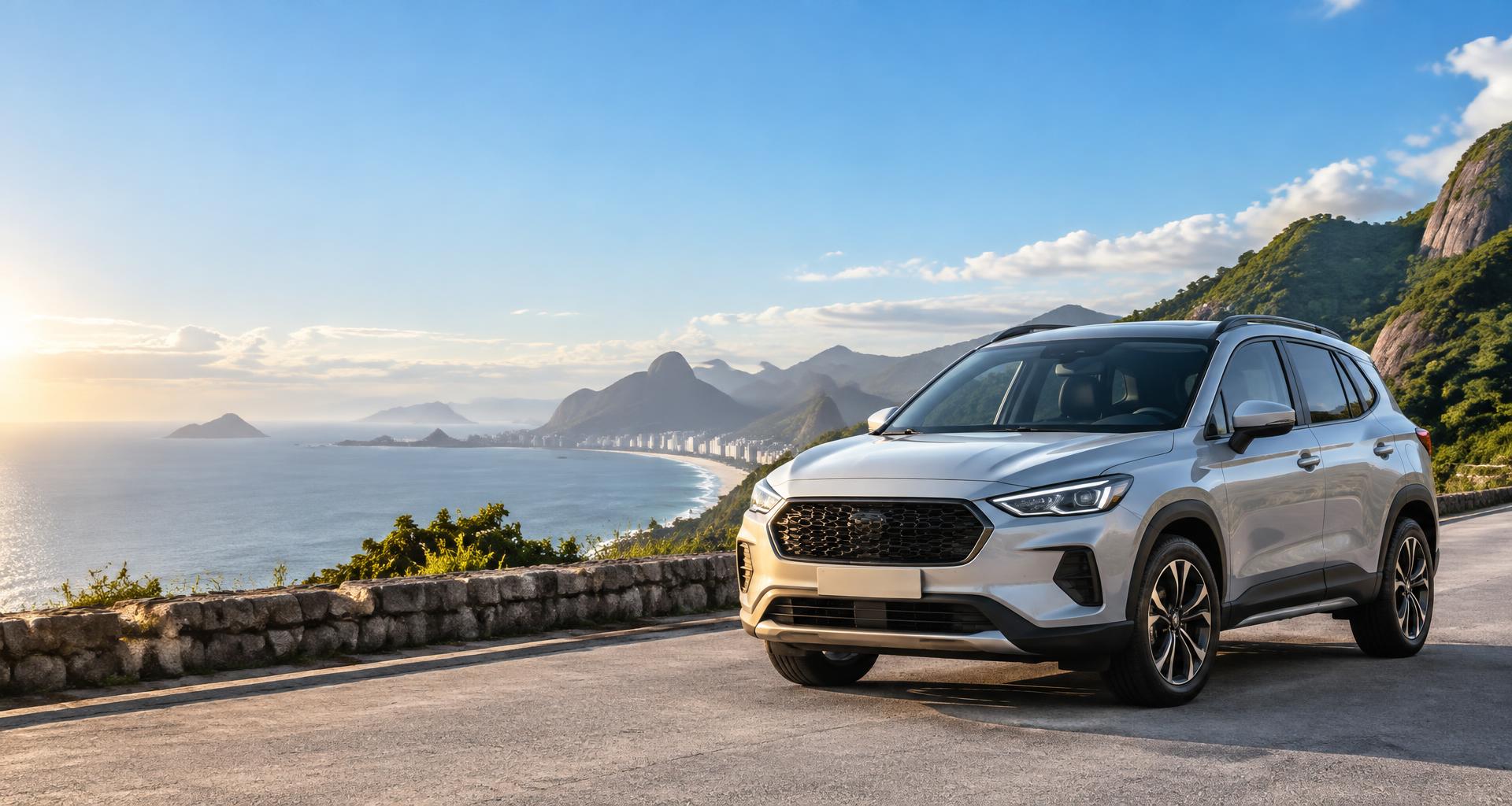 SUV prata em uma estrada litorânea